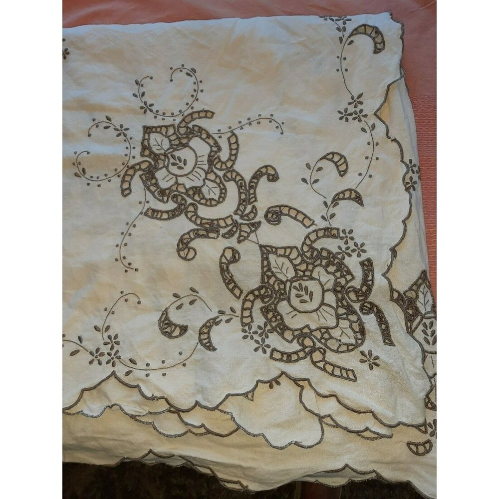 ANTIQUE VINTAGE MADEIRA ECRU LINEN CUTWORK TABLECLOTH-70"X98"